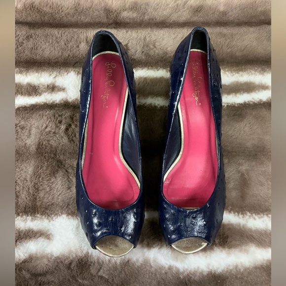 LILLY PULITZER Navy Peep-Toe Heels Sz 9M - Picture 7 of 7